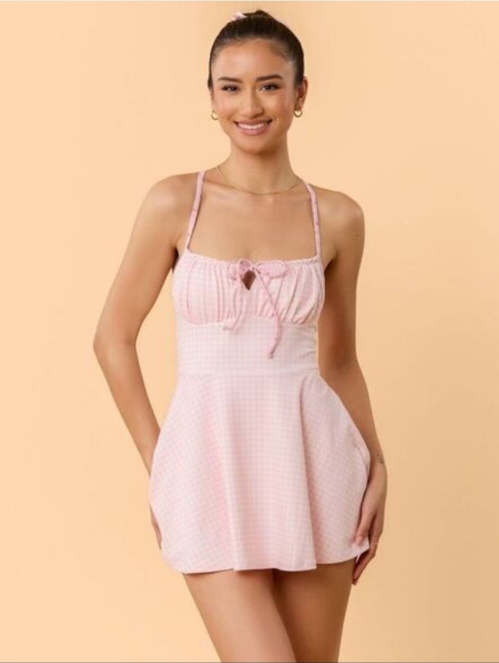 Blogilates Women's Tie Front Twirl Dress - Pink Gingham XS
